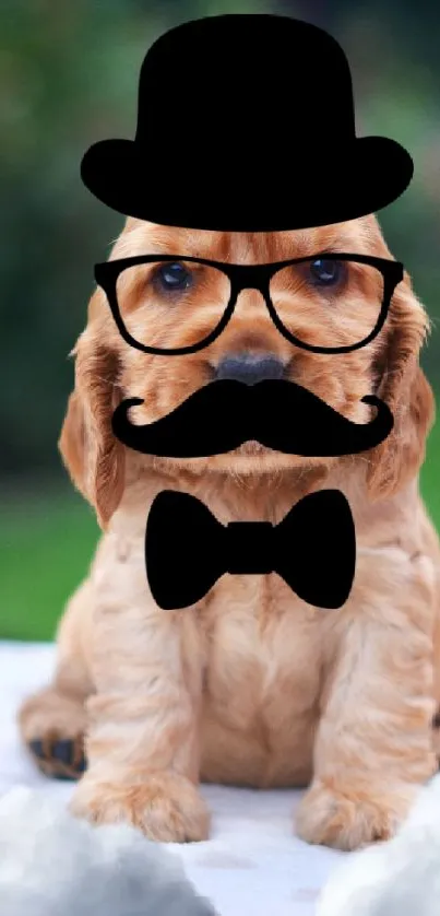 Cute puppy in glasses, mustache, and bow tie on a mobile wallpaper.