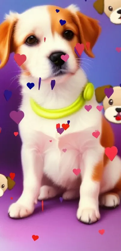 Adorable puppy with cartoon dog icons on a purple and pink background.