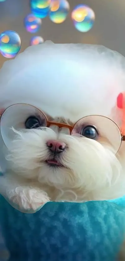 Adorable puppy with glasses and bubbles in a playful scene.