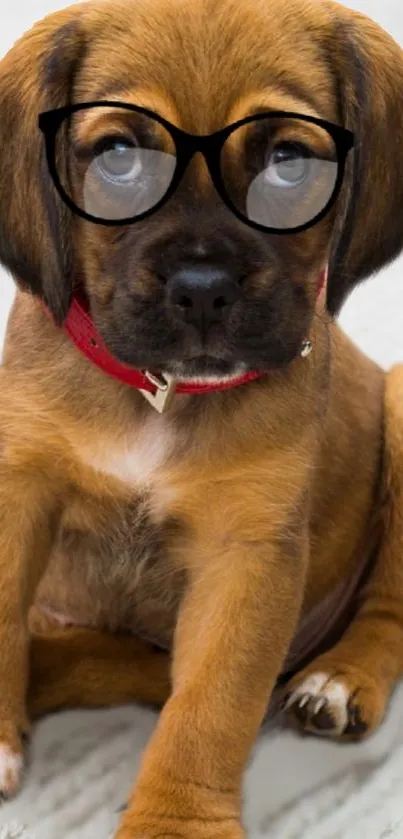 Adorable brown puppy wearing black glasses on a rug.