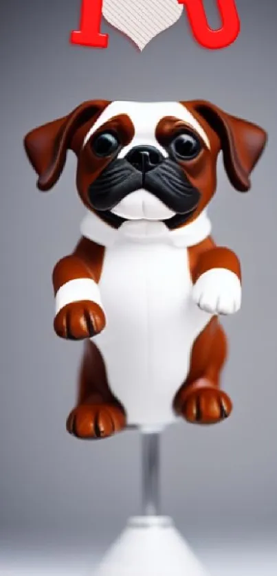 Cute brown and white puppy with 'I love you' hearts hanging.