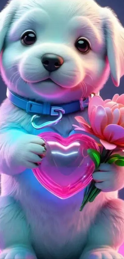 Cute puppy with glowing heart and flower design.