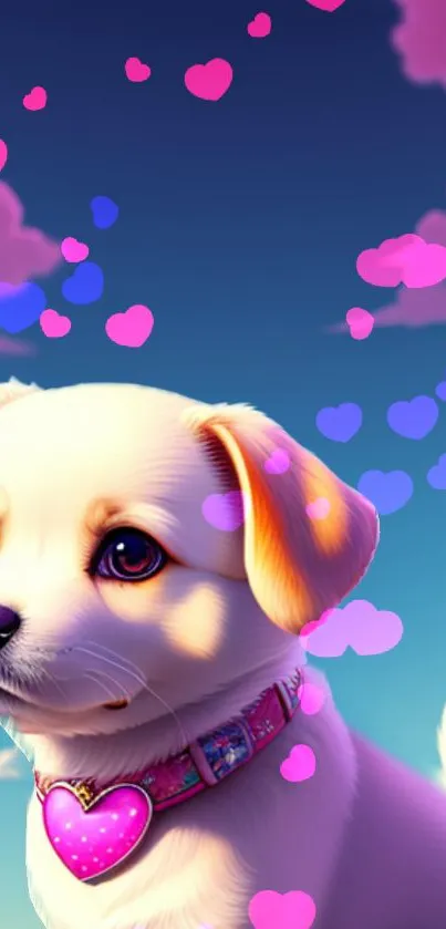 Cute puppy with pink heart clouds in a vibrant sky.