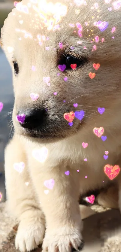 Cute beige puppy with heart effects in mobile wallpaper.