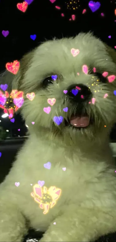 Fluffy puppy with glowing heart effects around it at night.