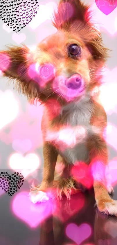 Adorable puppy with pink heart overlay for mobile wallpaper.