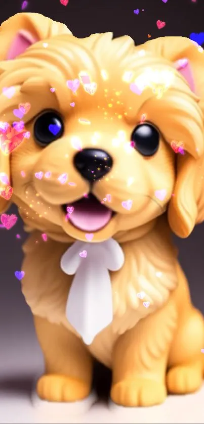 Cute tan puppy surrounded by heart sparkles on mobile wallpaper.