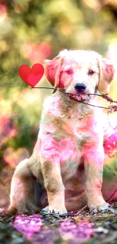 Adorable puppy with stick and heart in a forest setting.