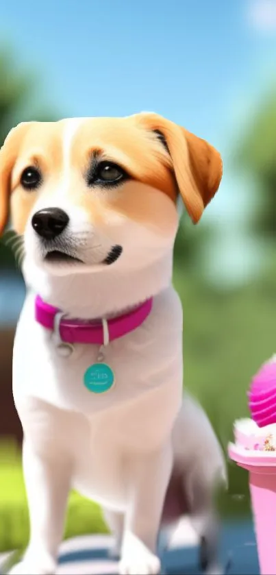 Cute puppy with a pink collar beside a vibrant ice cream outdoors.