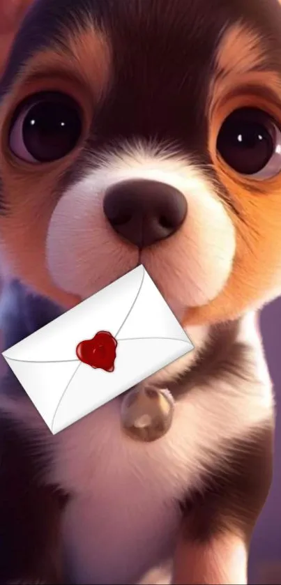 Cute cartoon puppy holds a love letter.