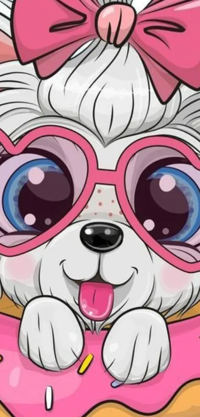 Cute cartoon puppy with pink sunglasses and bow on a pink donut.