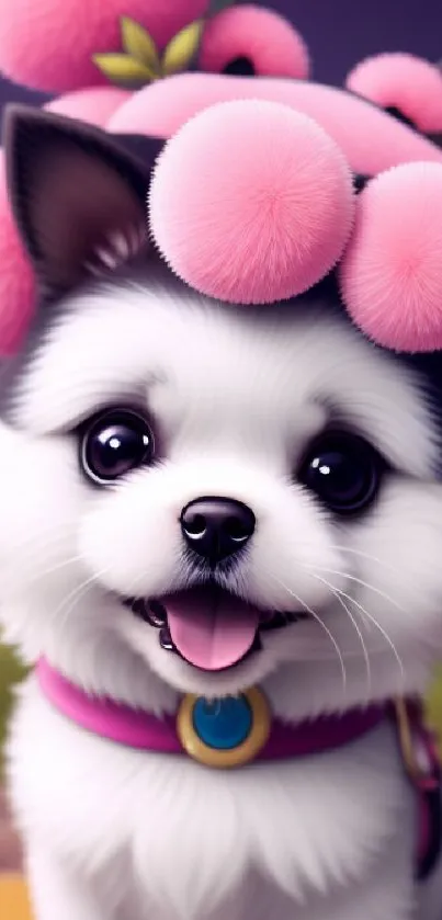 Cute white puppy with pink fluffy hat.