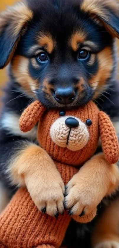 Cute puppy cuddling a knitted brown toy.