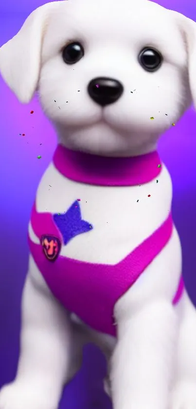 Cute white puppy in pink harness with purple background.