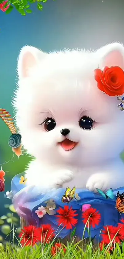 Adorable white puppy with red rose and colorful butterflies in a garden setting.