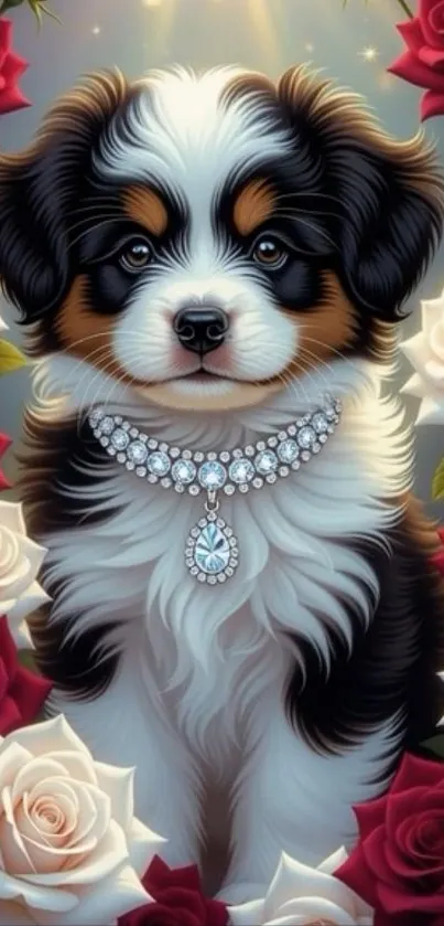 Cute puppy with jewel necklace surrounded by roses.