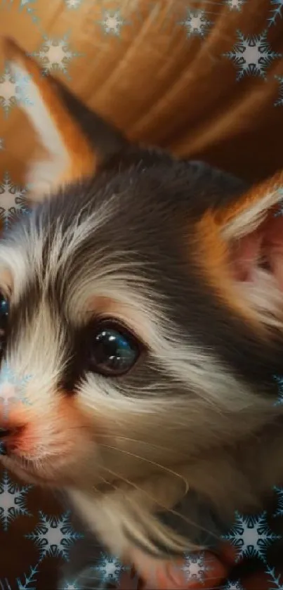 Cute puppy with snowflake pattern background.