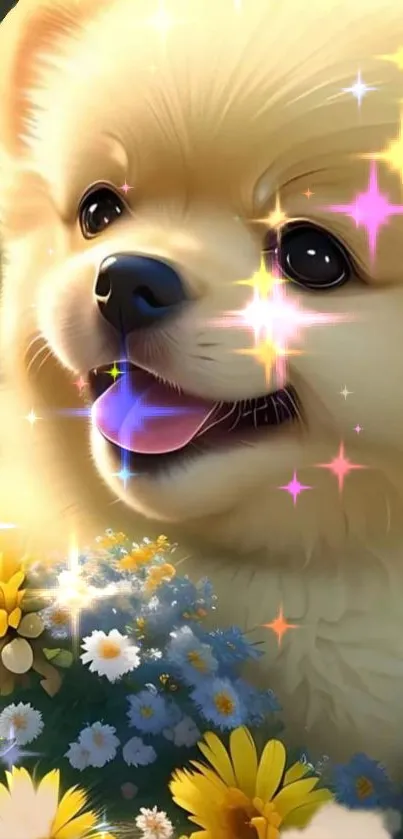 Cute puppy with sparkles and flowers, bright and joyful design.