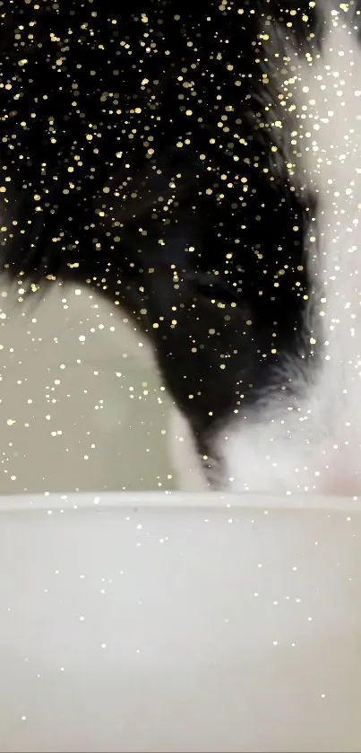 Adorable black and white puppy with golden sparkles.