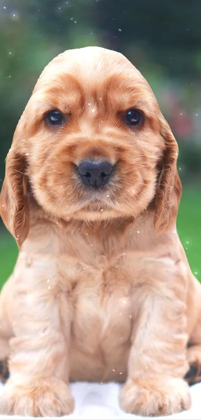 Cute brown puppy with sparkling effect on green background.