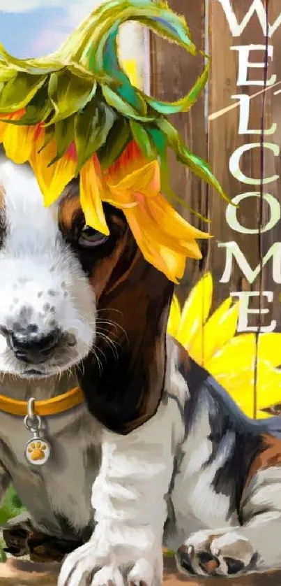 Adorable basset hound with sunflower hat in a vibrant garden setting.