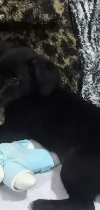 Black puppy with a blue plush toy, laying comfortably.