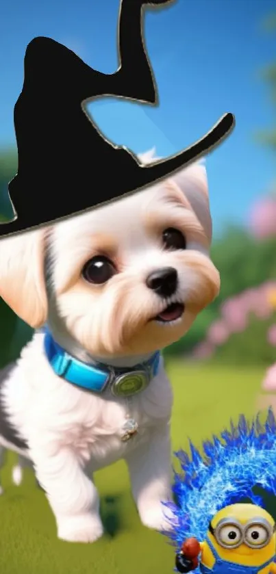 Cute puppy with wizard hat in a garden scene.