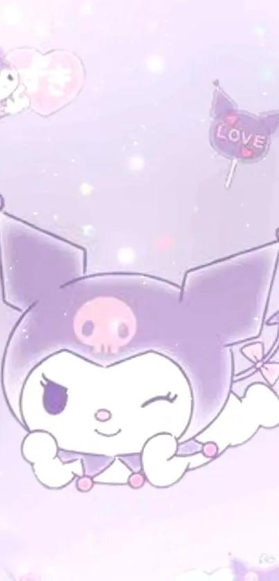 Cute purple anime character with heart and stars on a light background.