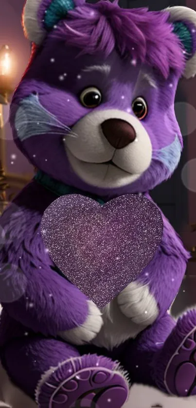 Purple bear plush with heart in a cozy room setting.