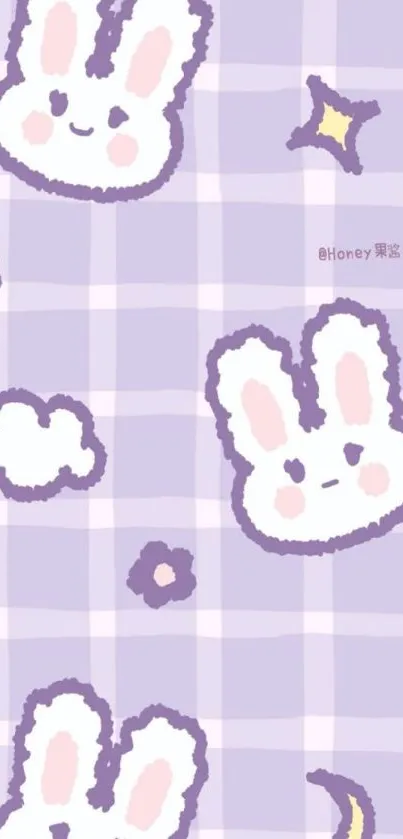 Purple checkered wallpaper with cute bunnies and stars.