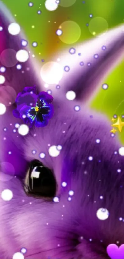 Whimsical purple bunny with colorful bokeh and sparkling stars.