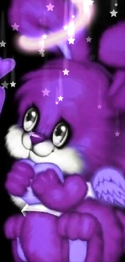 Adorable purple bunny with hearts and cherries on a black background.