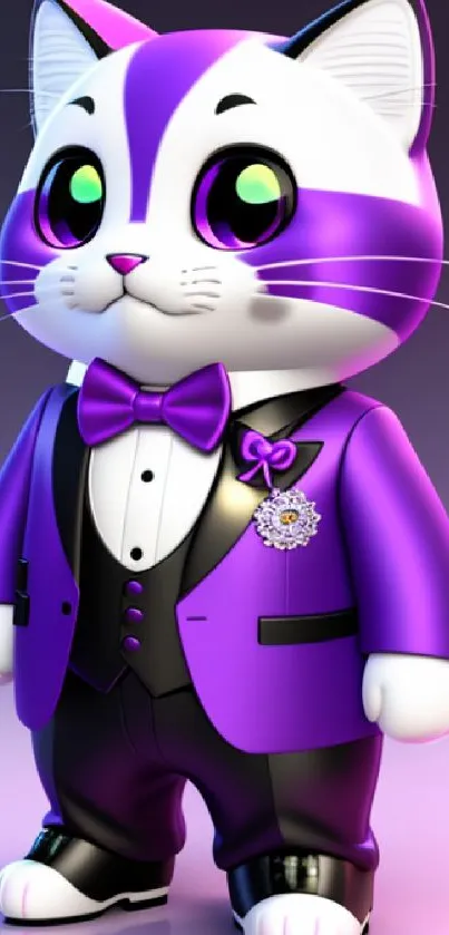 Adorable cartoon cat in a purple suit with large eyes and a bow tie.