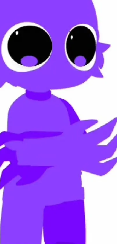 Purple cartoon character with large eyes on a white background.