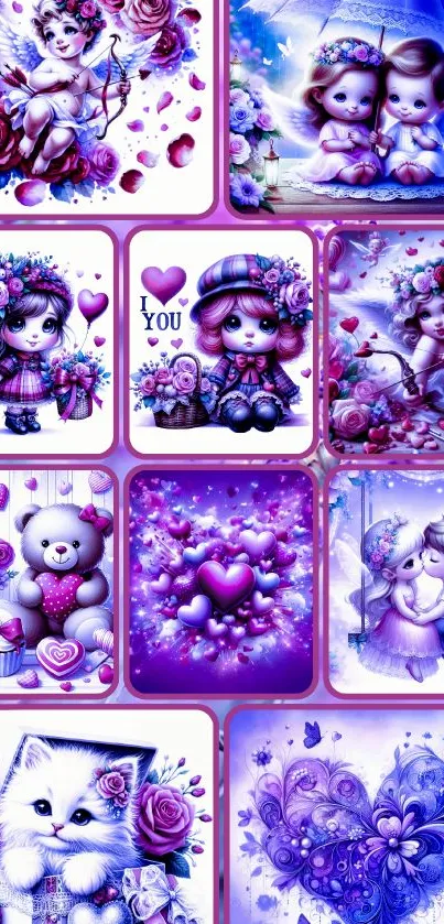 Cute purple cartoon collage wallpaper with adorable characters.