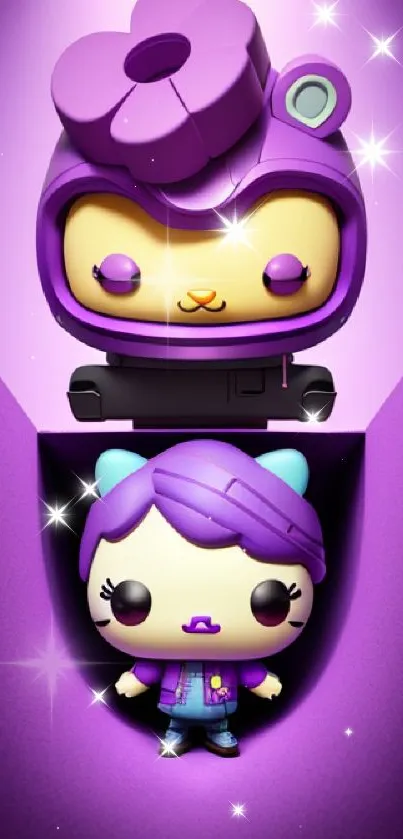 Cute purple cartoon figures in a playful design.