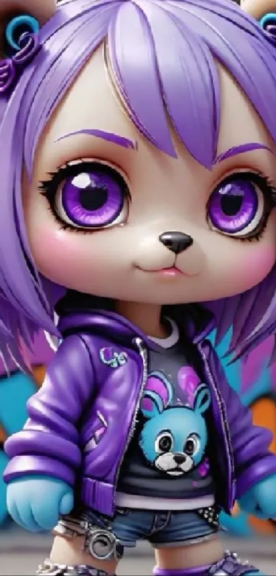 Cute purple anime character with big eyes and stylish outfit.