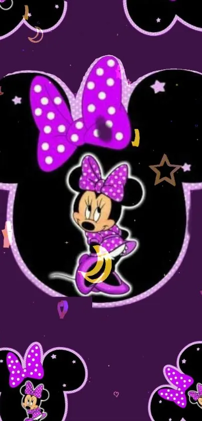 Purple cartoon wallpaper with a cute character and polka dot bow.