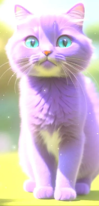 Adorable purple cat sitting on a vibrant green surface.