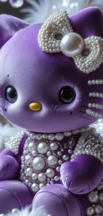 Purple plush cat with pearl decorations.