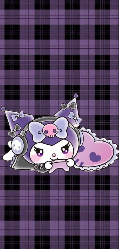 Cute cartoon character with purple plaid background.