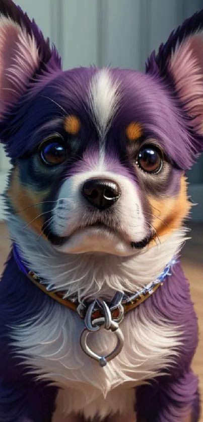 Adorable purple dog with striking fur on a mobile wallpaper.