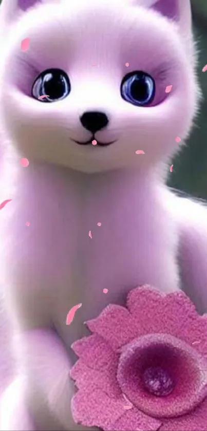 Adorable purple fox cartoon with pink flower.