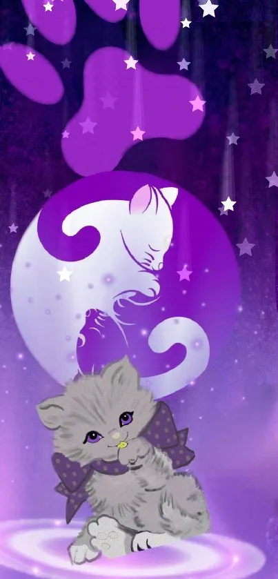 Purple kitten with stars mobile wallpaper.