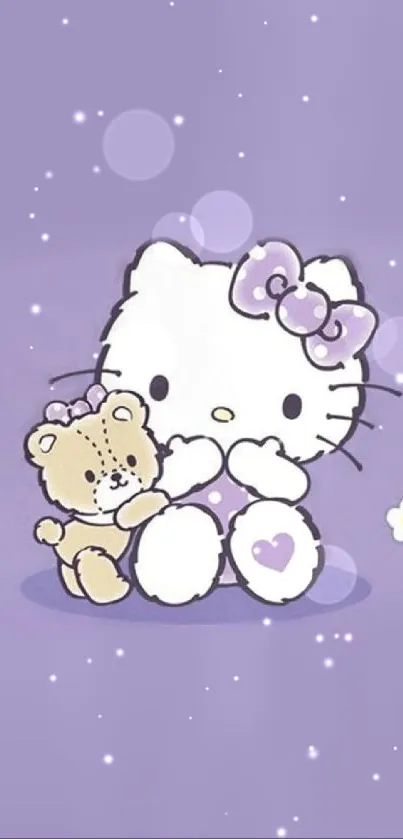 Cute kitty and bear with purple background wallpaper.