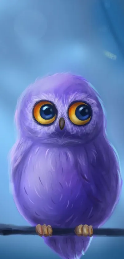 Adorable purple owl with bright yellow eyes on a gentle blue background.