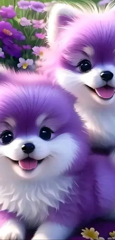 Two fluffy puppies with purple fur and joyful expressions.