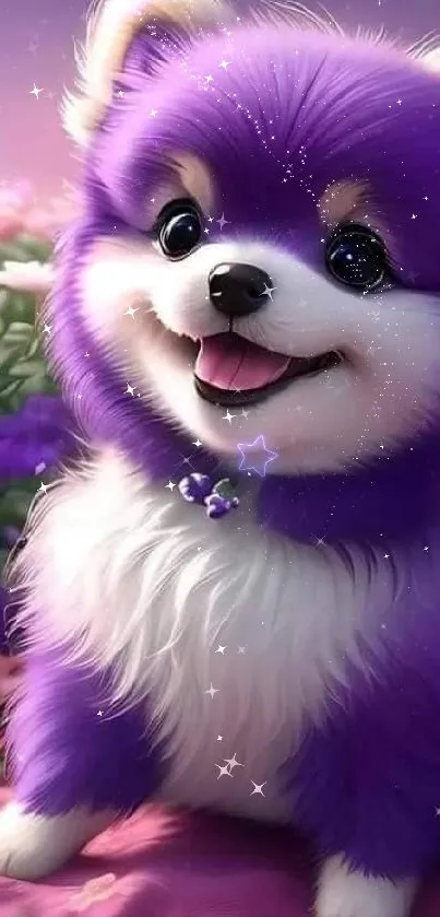 Adorable purple fluffy puppy among colorful flowers.