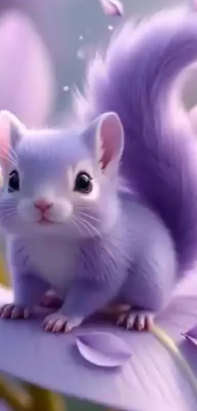 Adorable purple squirrel sitting on a leaf with petals around.
