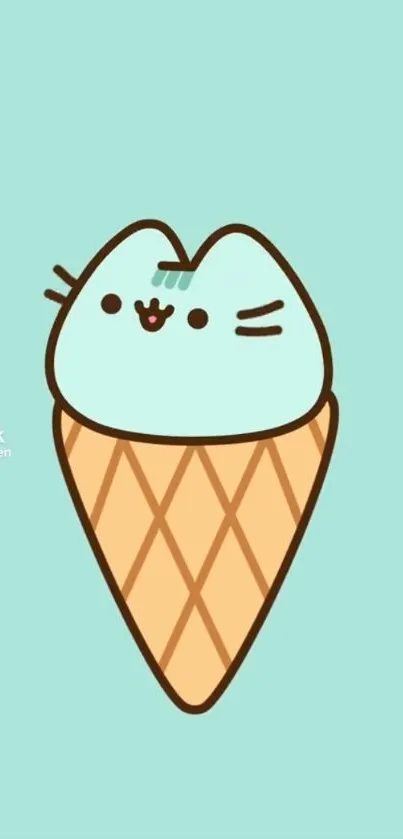 Pusheen cat as a mint ice cream cone on a mint green background.